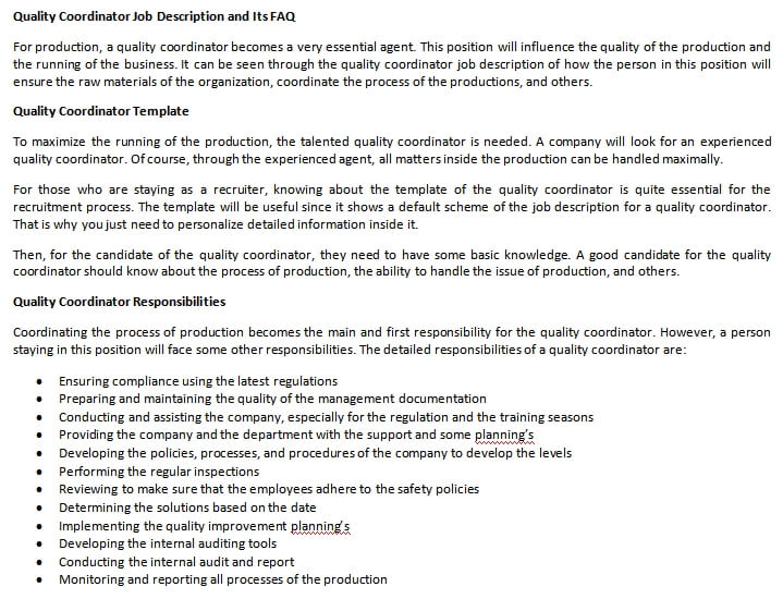 Quality Coordinator Job Description and Its FAQ room