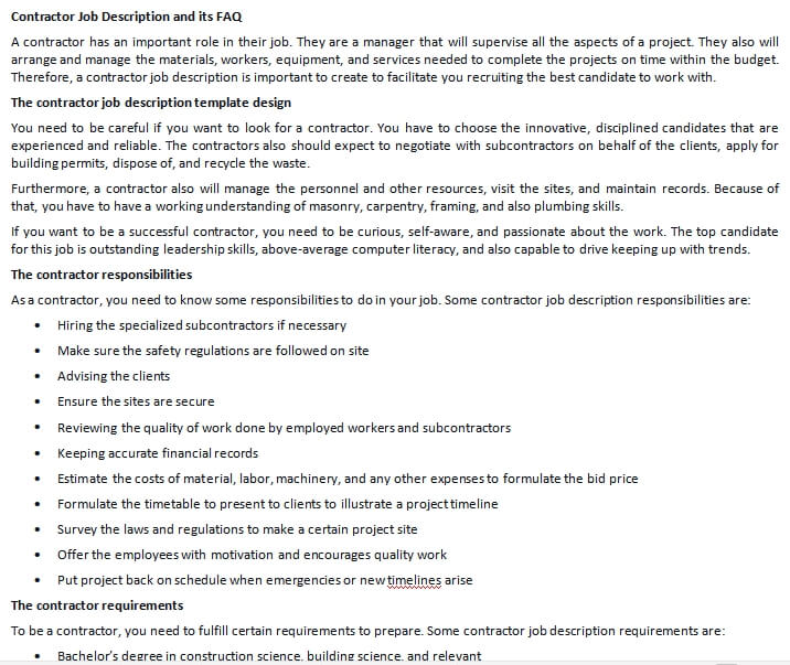 Contractor Job Description and its FAQ room