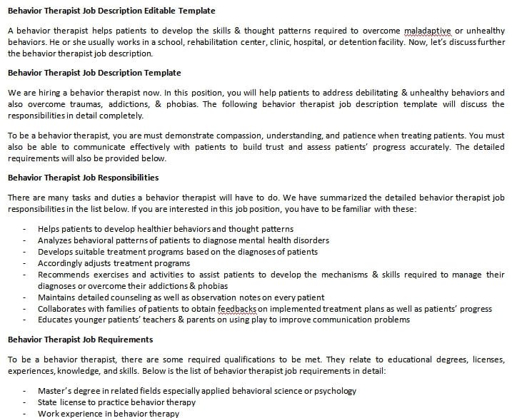 Behavior Therapist Job Description Editable Template room
