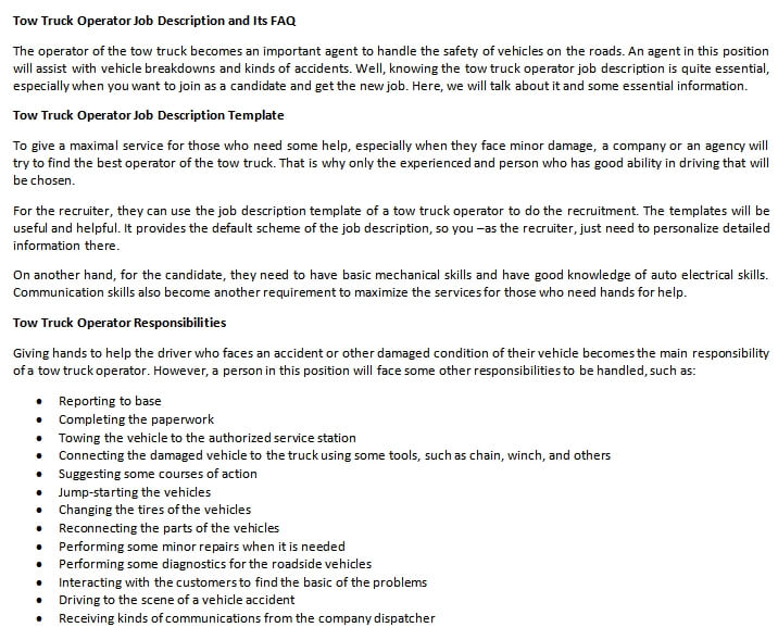 Tow Truck Operator Job Description and Its FAQ room