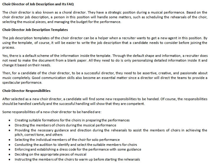 Choir Director of Job Description and Its FAQ room
