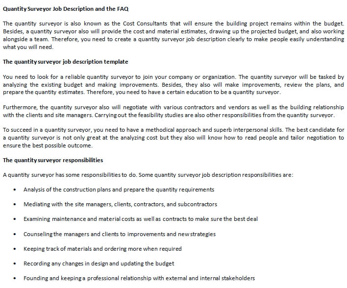 Quantity Surveyor Job Description and the FAQ room