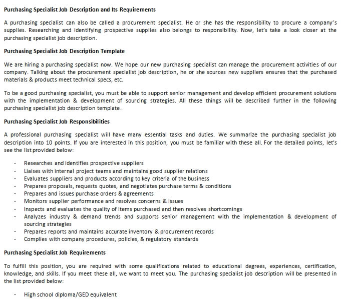 Purchasing Specialist Job Description and Its Requirements room