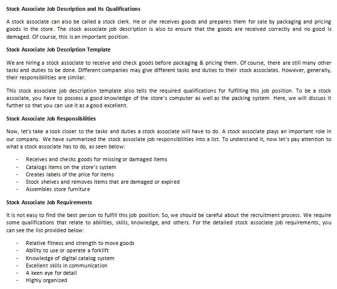 Stock Associate Job Description and Its Qualifications room