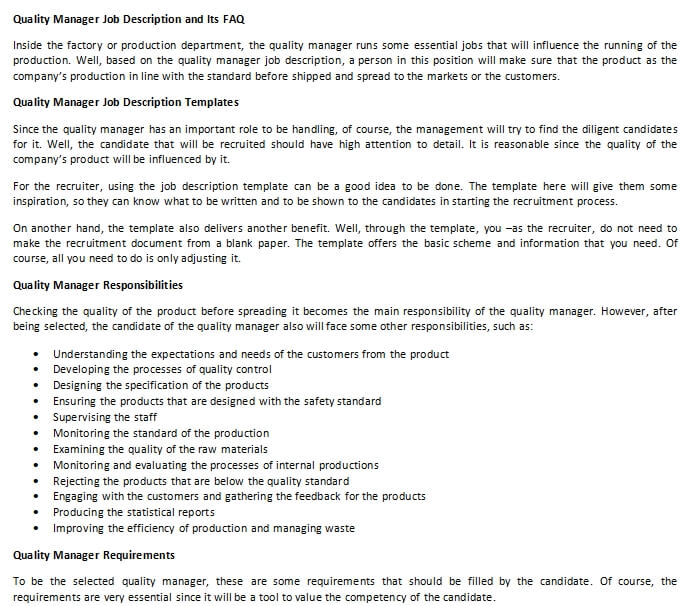 Quality Manager Job Description and Its FAQ room
