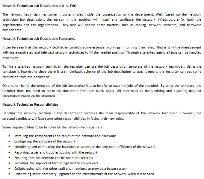 Network Technician Job Description and Its FAQ room