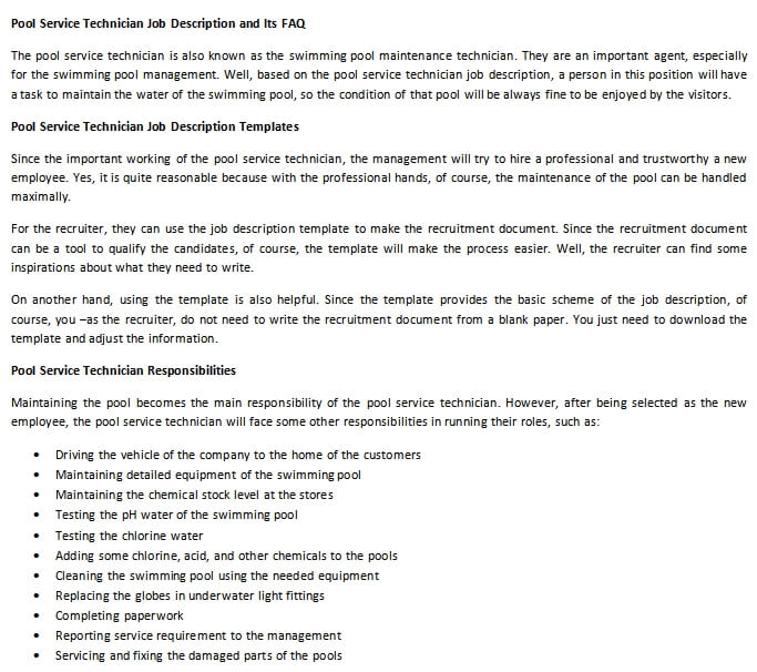 Pool Service Technician Job Description and Its FAQ room
