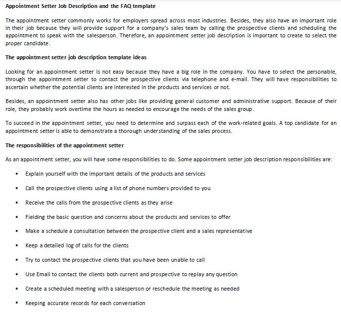 Appointment Setter Job Description and the FAQ template room