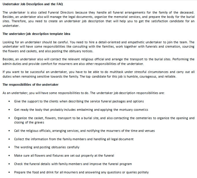 Undertaker Job Description and the FAQ room