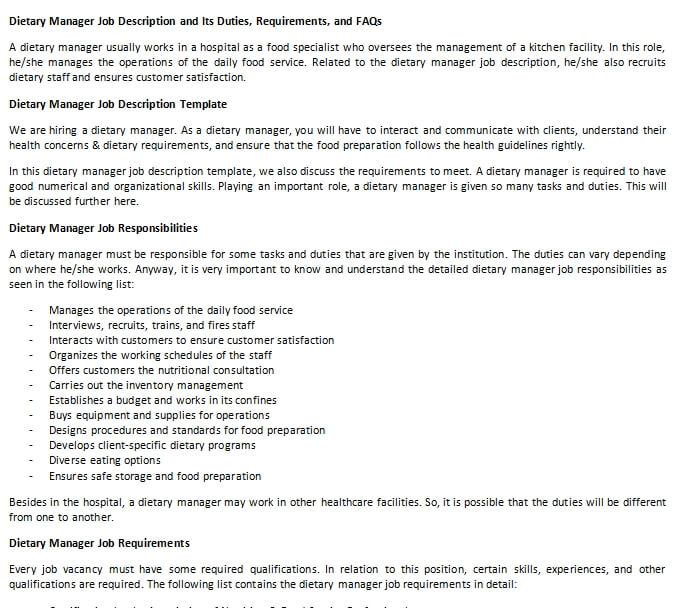 Dietary Manager Job Description and Its Duties, Requirements, and FAQs