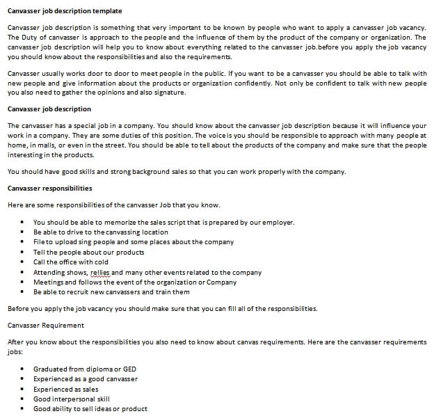 Canvasser job description template room