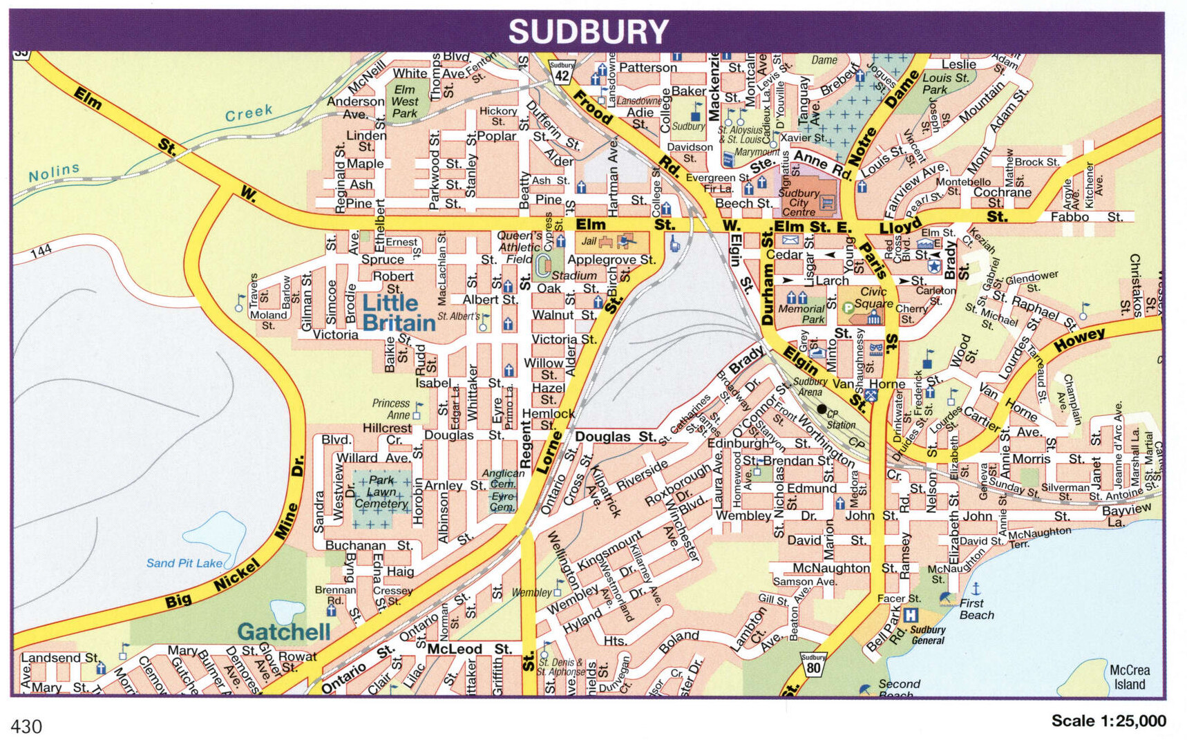 Sudbury Canada city map. Large printable tourist map Sudbury downtown
