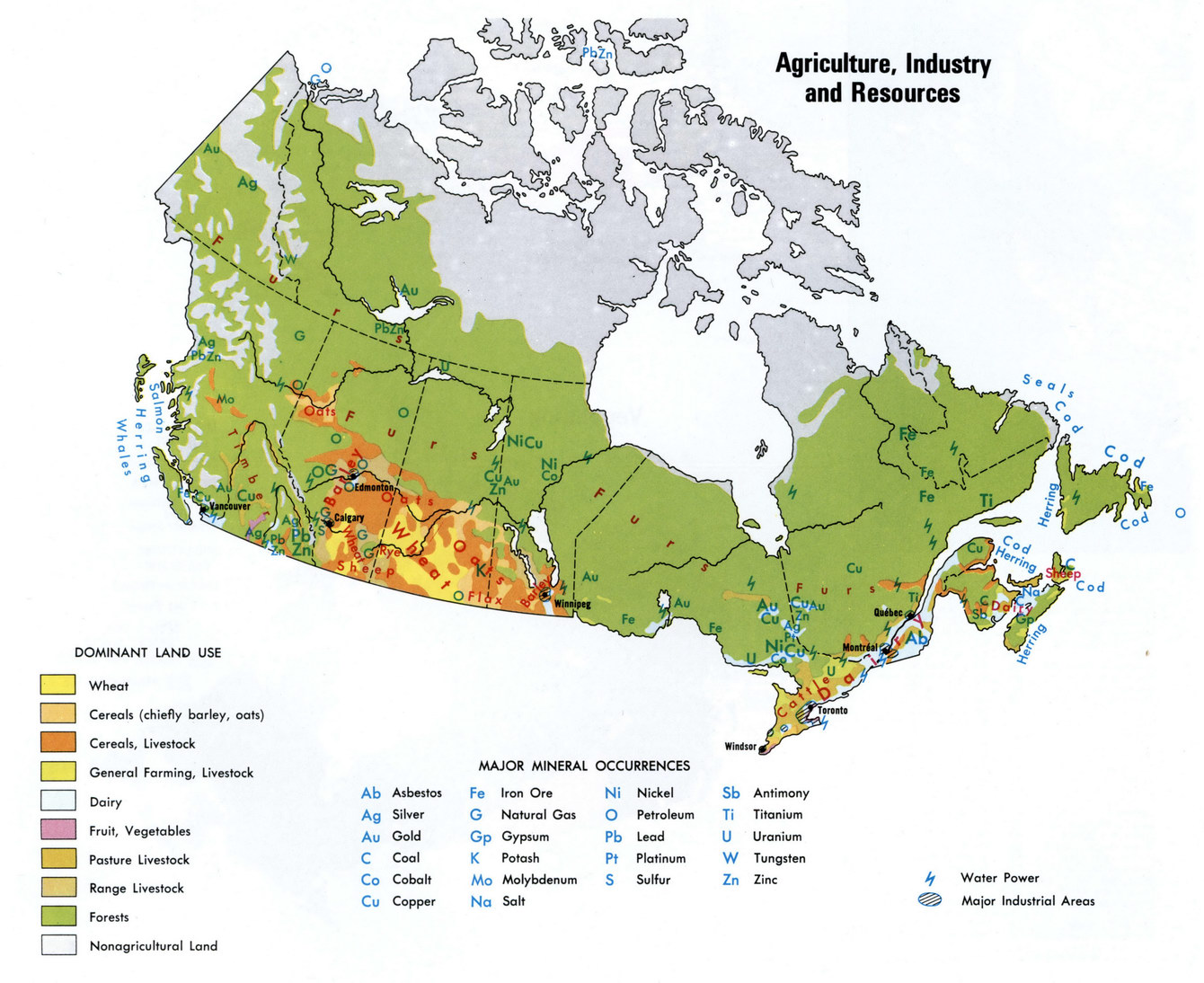 Canada mineral resources, industry and agriculture map large scale detailed