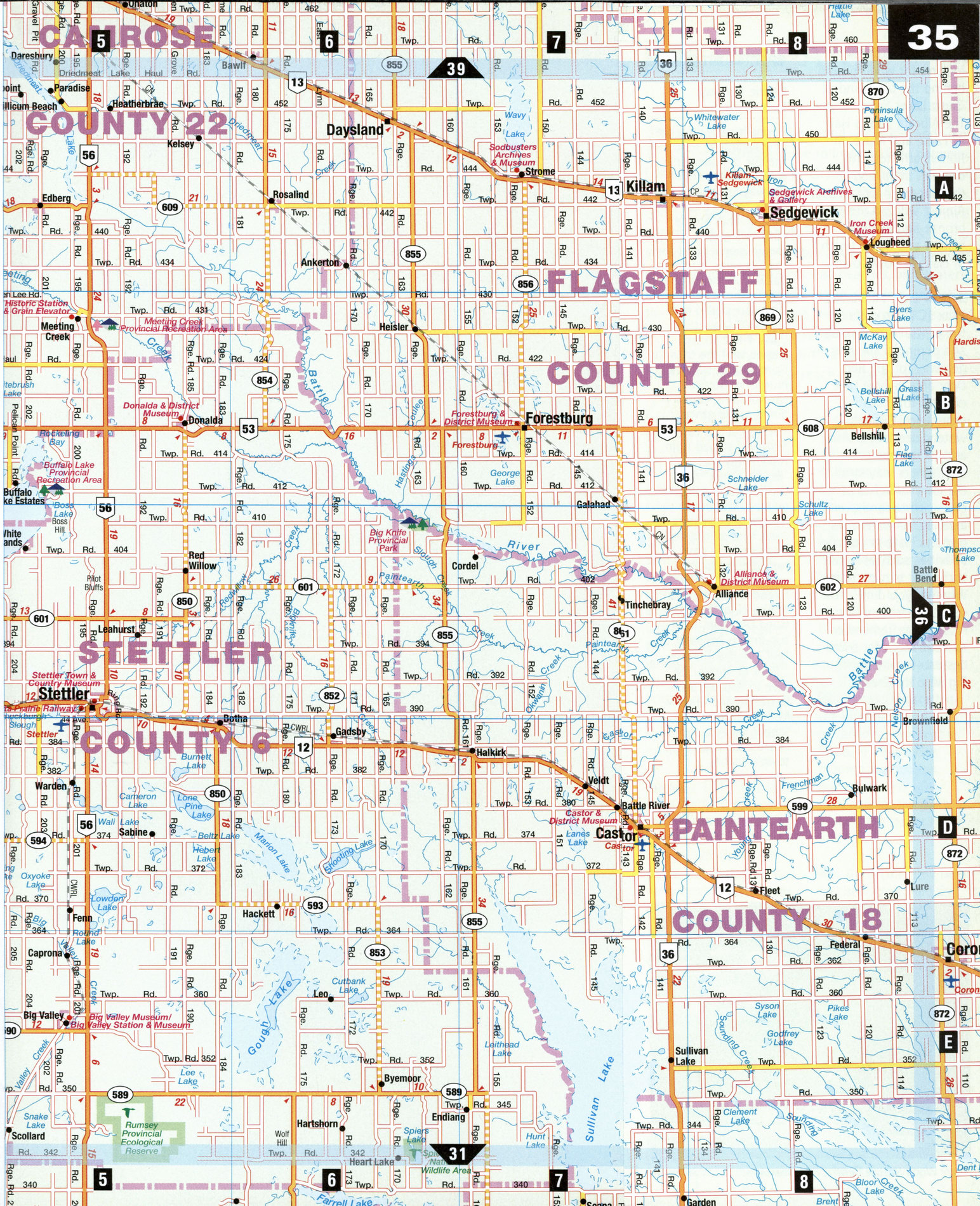 Road map Red Deer surrounding area (Alberta, Canada) free highway large
