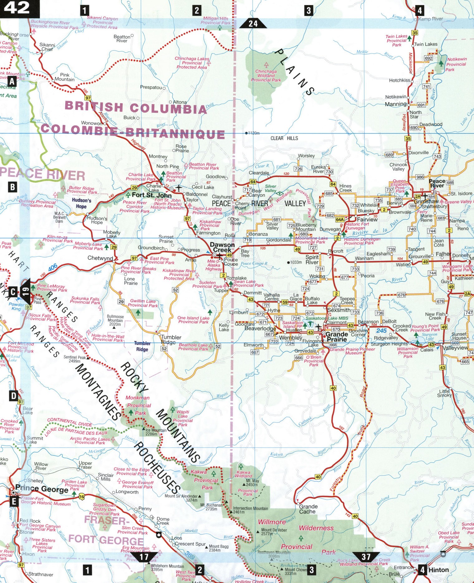 Road map of Dawson Creek and Edmonton surrounding area (Alberta, Canada)