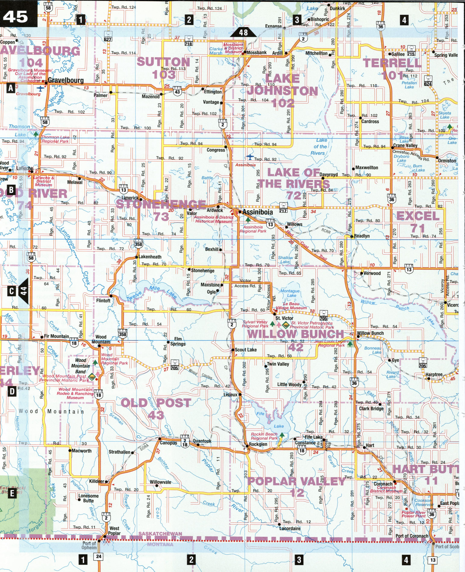 Road map Assiniboia and Gravelbourg city surrounding area (Saskatchewan