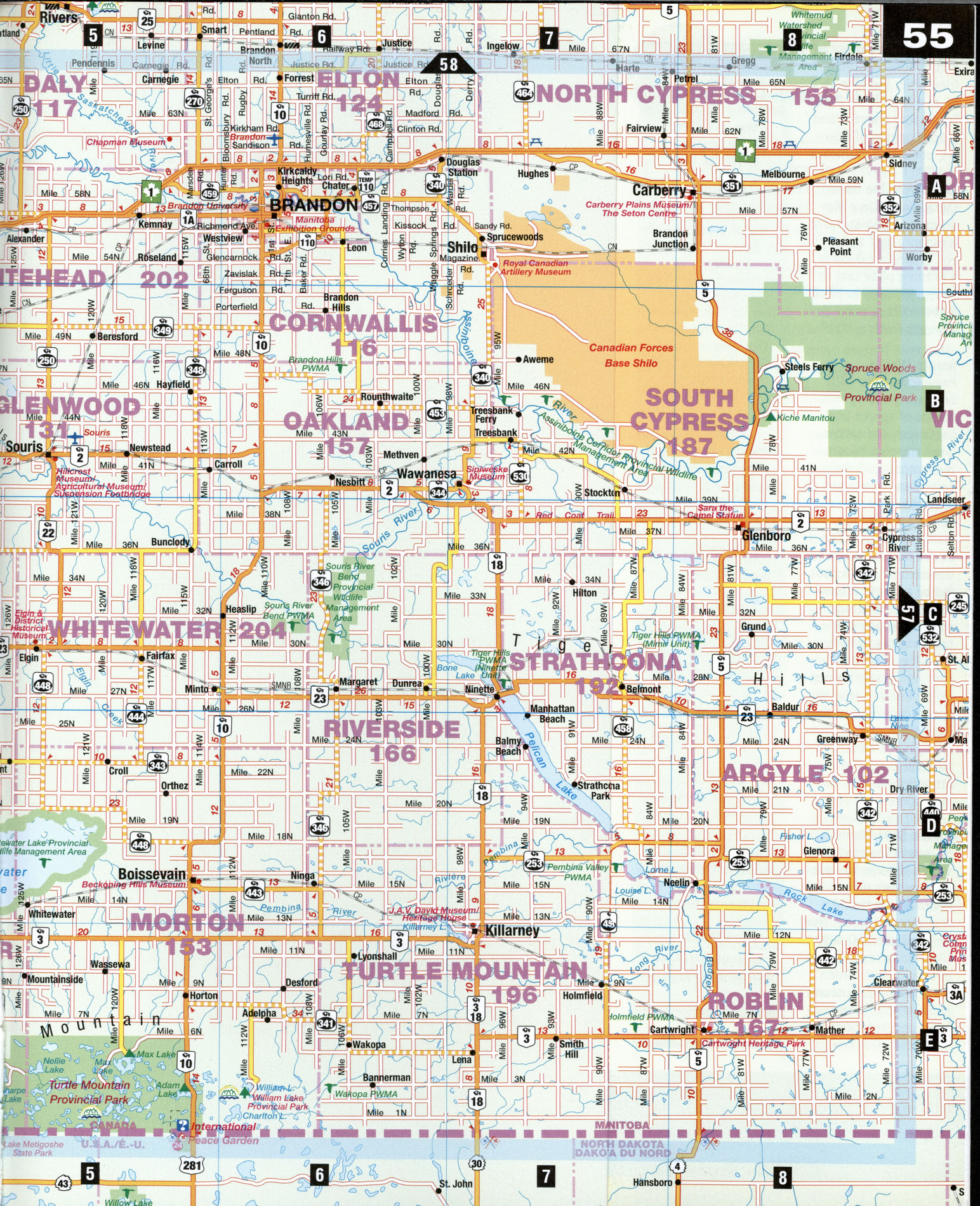 Road map Brandon city surrounding area (Manitoba, Canada) free large scale