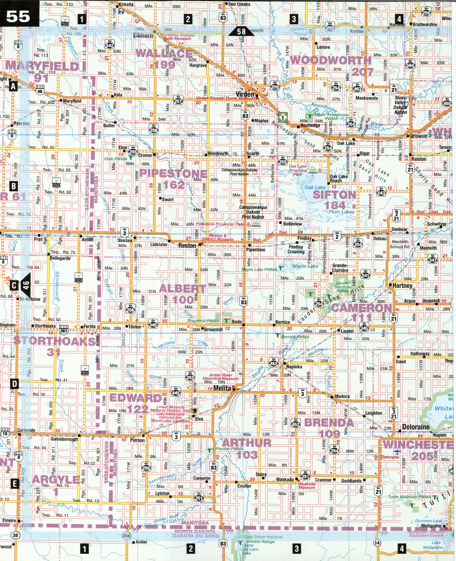 Road map Brandon city surrounding area (Manitoba, Canada) free large scale