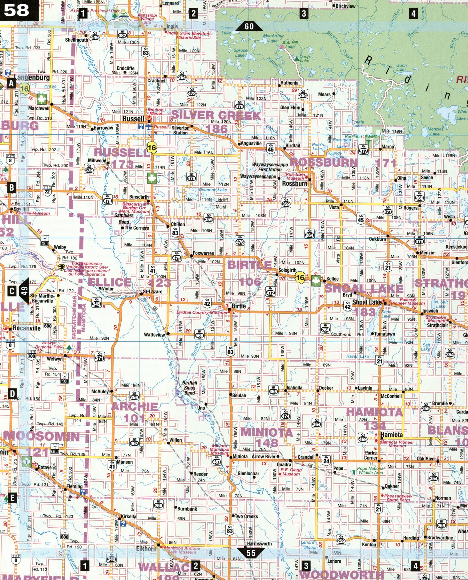 Road map Russell and Rossburn city surrounding area (Manitoba, Canada) free