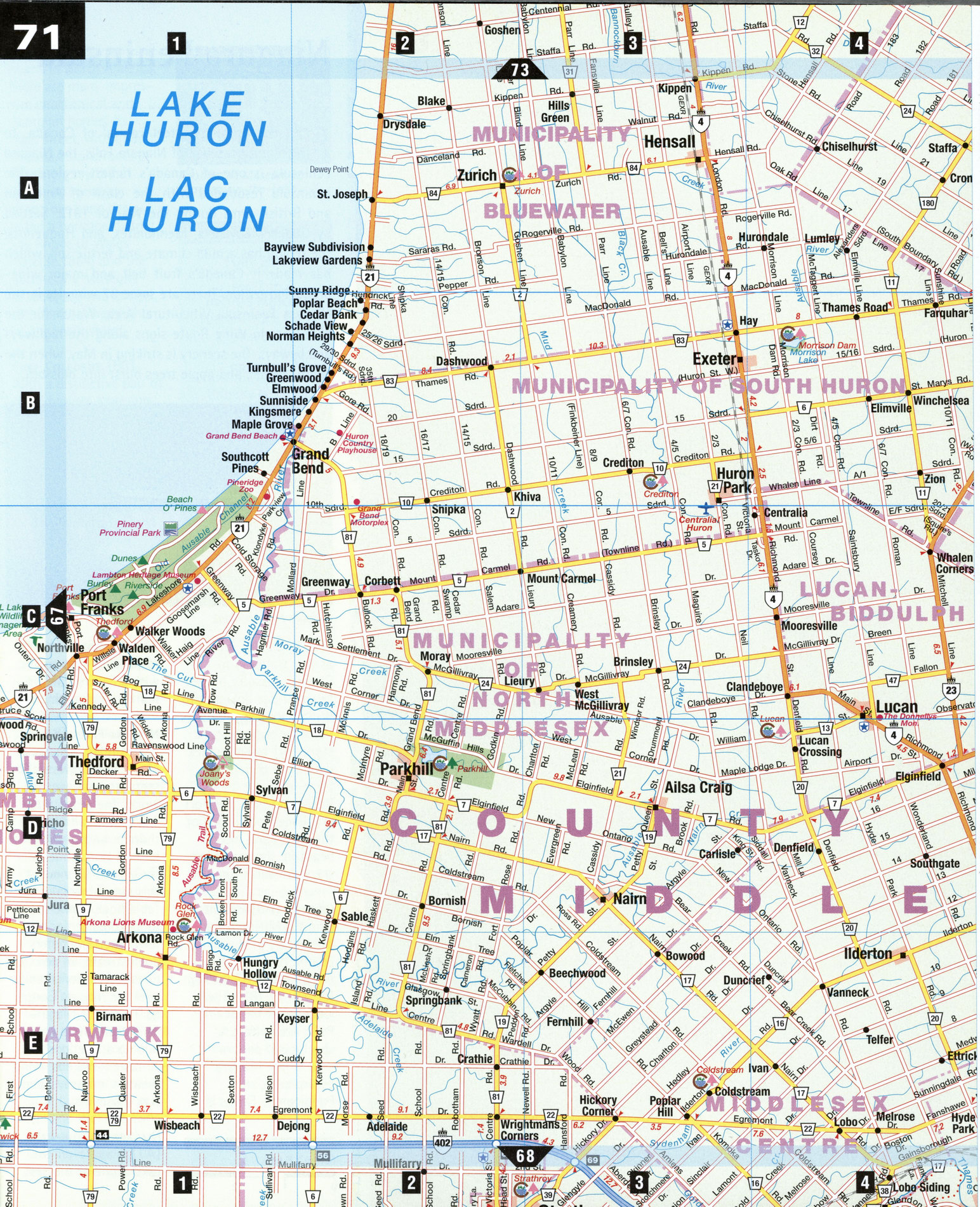 Road map Stratford and Middlesex city surrounding area (Ontario, Canada)