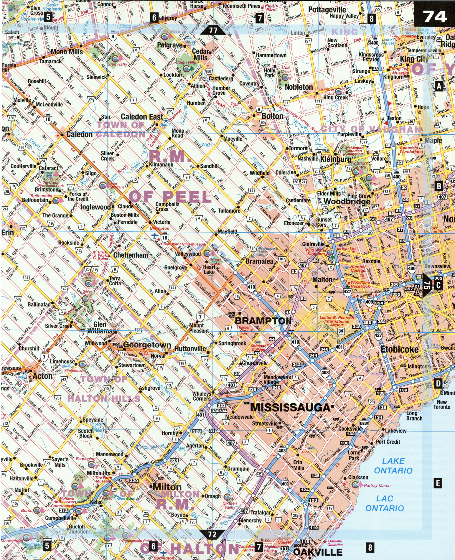 Road map Guelph and Mississauga city surrounding area (Ontario, Canada)