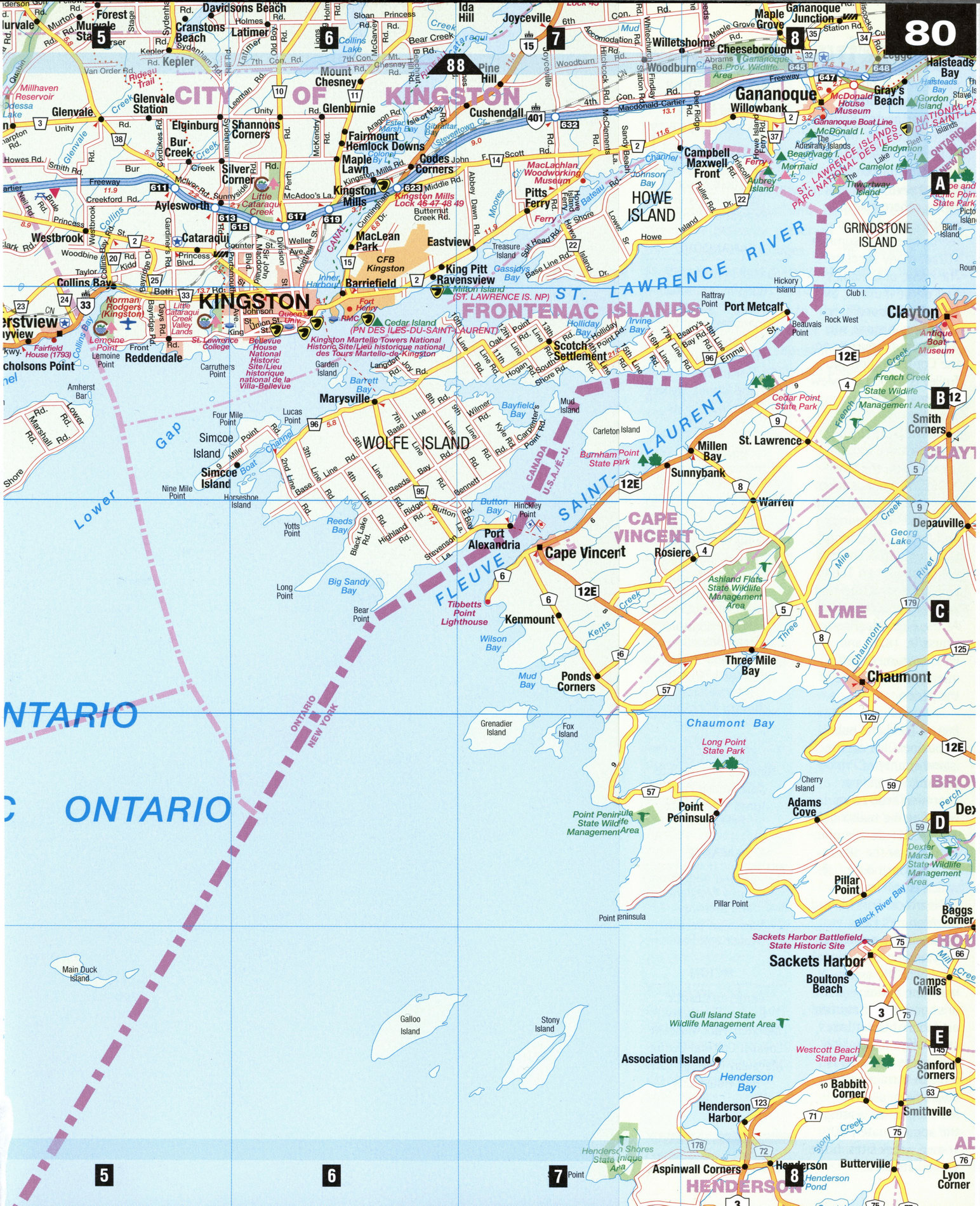 Road map Kingston city surrounding area (Ontario, Canada) free large scale