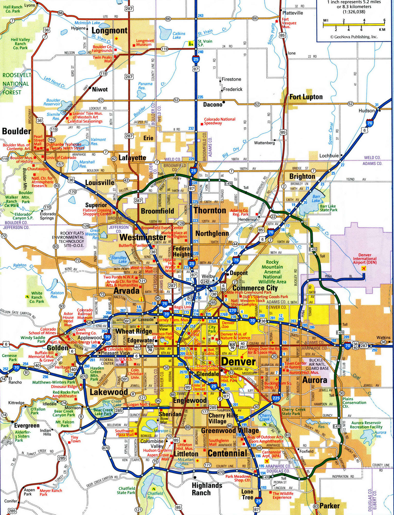 Road map of Denver Colorado USA street area detailed free highway large