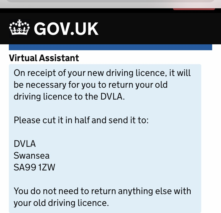 "Please cut your old driving licence in two and return it