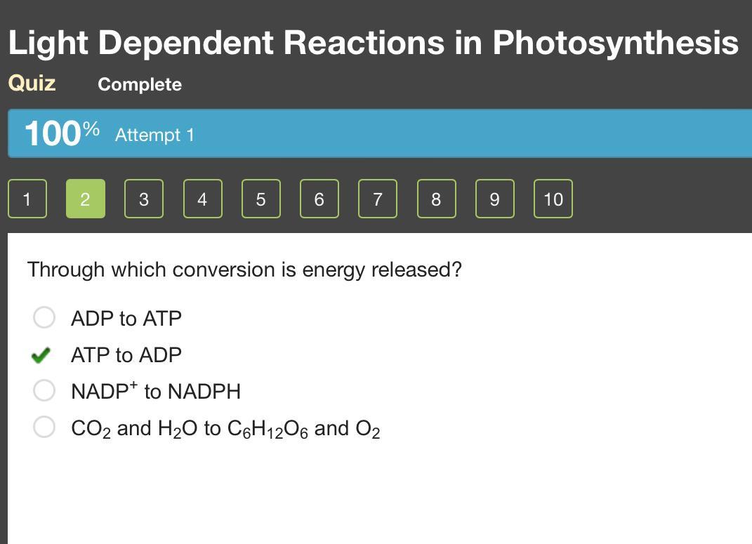 ⚗️Through Which Conversion Is Energy Released? Adp To Atp Atp To Adp Nadp To Nadph Co2 And H2O To - Brainly.com