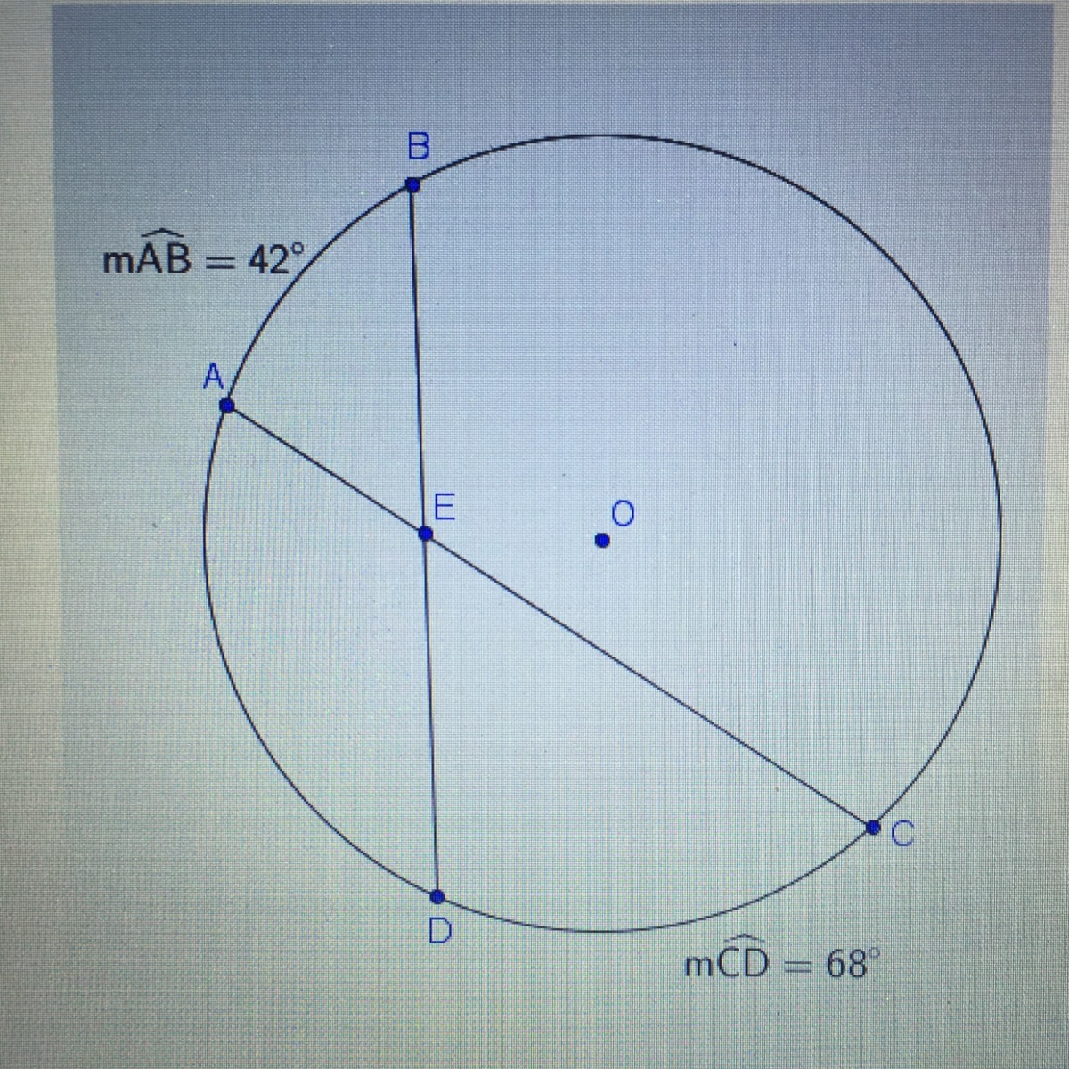 The diagram shows a circle with center O. Chords AC and BC are drawn