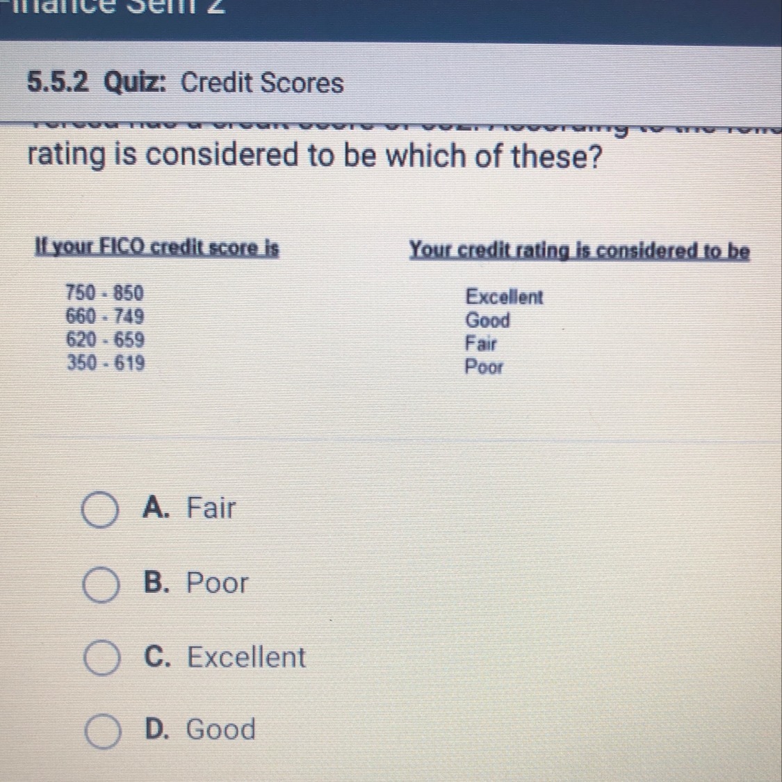 Teresa has a credit score of 632. According to the following table, her