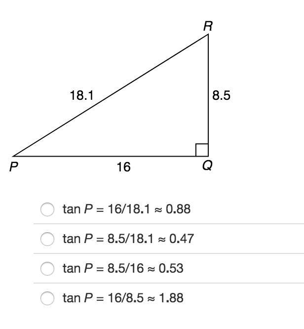 Identify tan P as a fraction and as a decimal rounded to the nearest