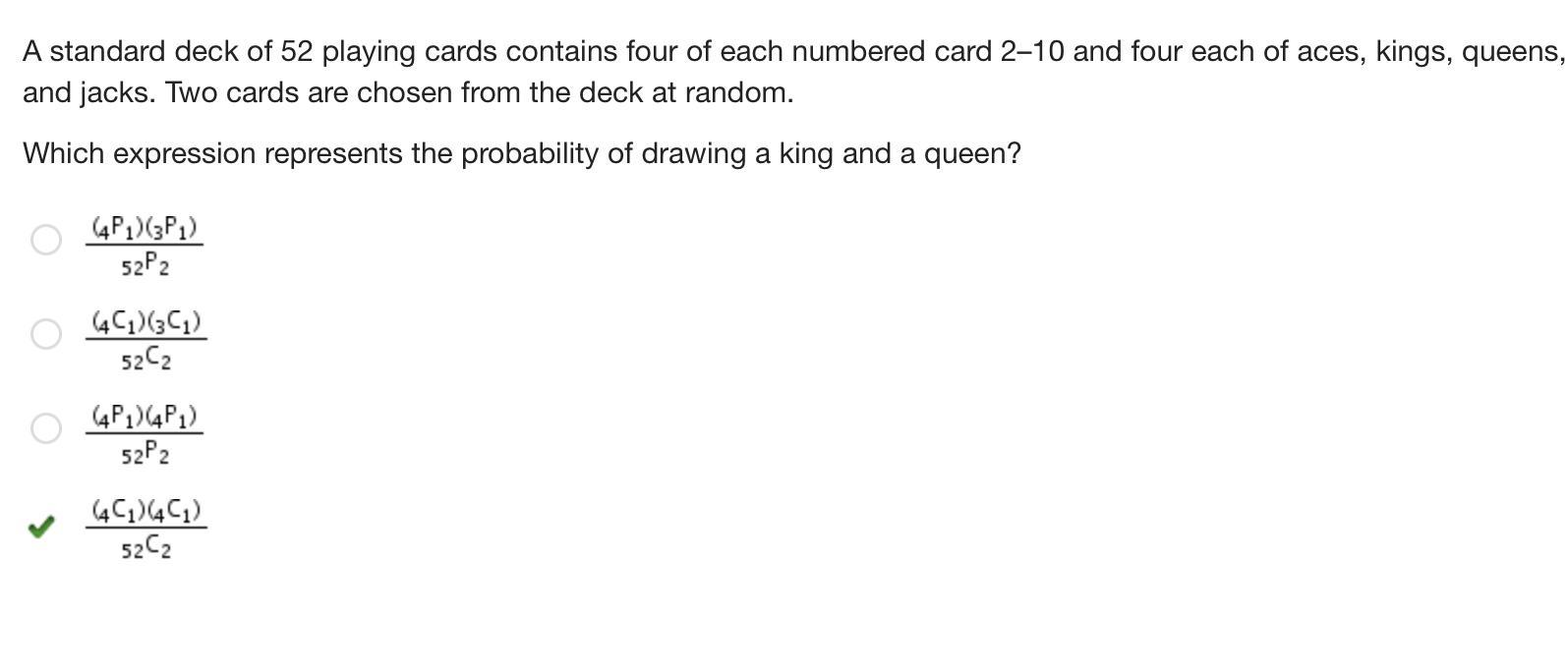 A standard deck of 52 playing cards contains four of each numbered card