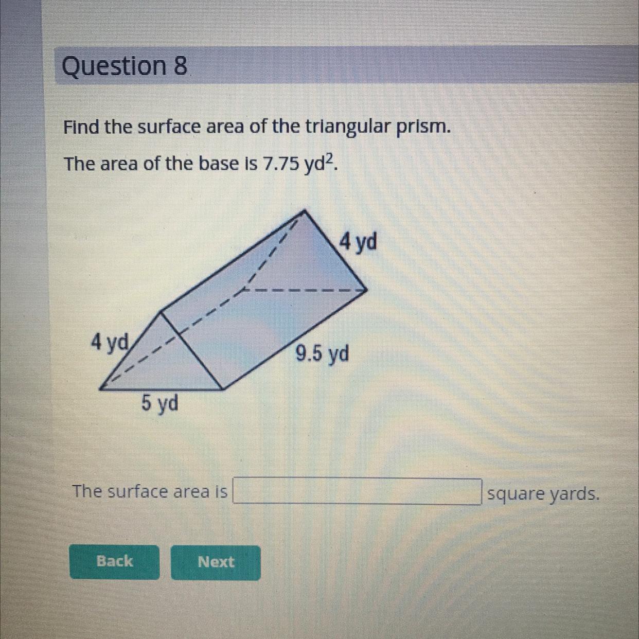 Find the surface area of the triangular prism Formula: SA= p * h + 2