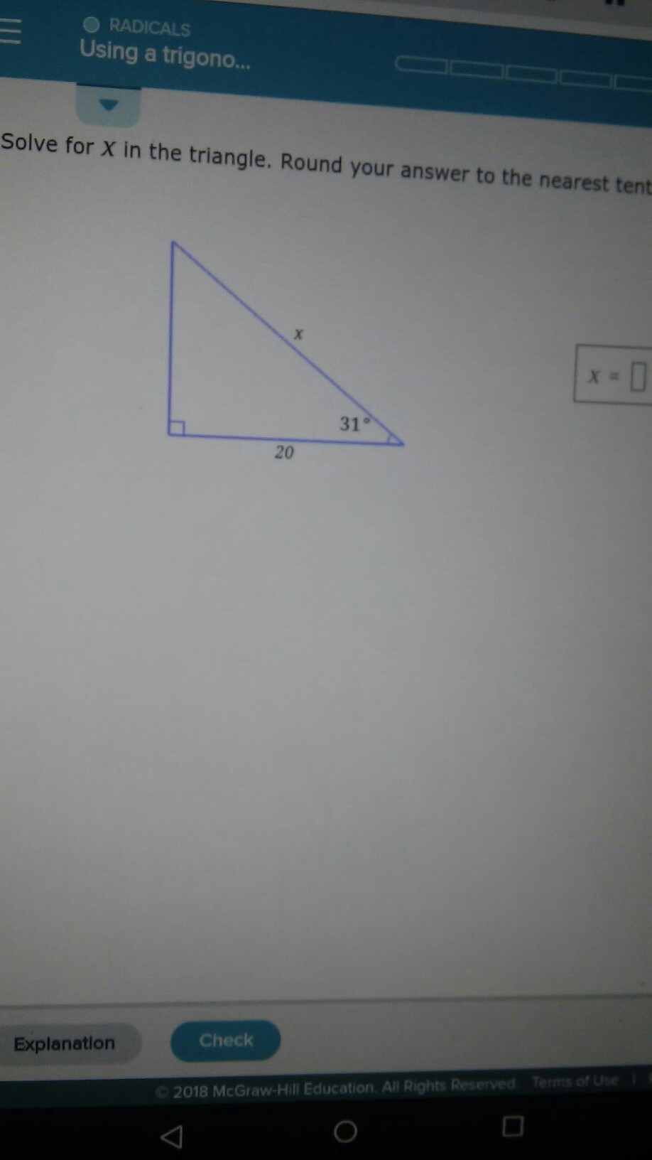 solve for x in the triangle. Round your answer to the nearest tenth