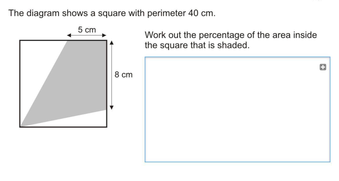 A diagram shows a square with a perimeter of 40cm. Work out the