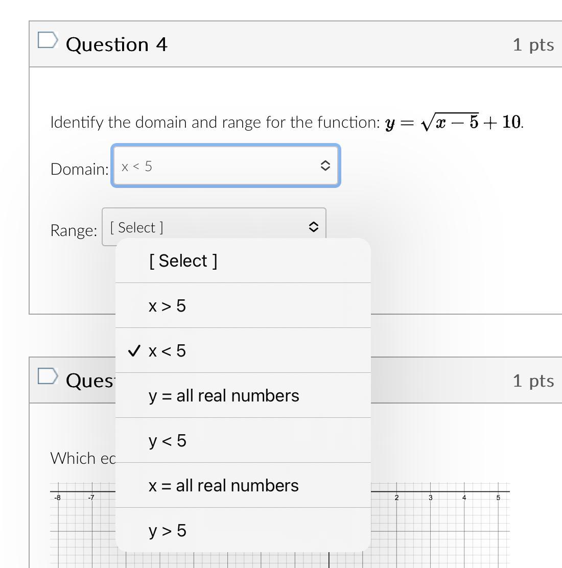 Identify the domain and range for the function y=square root x5+10