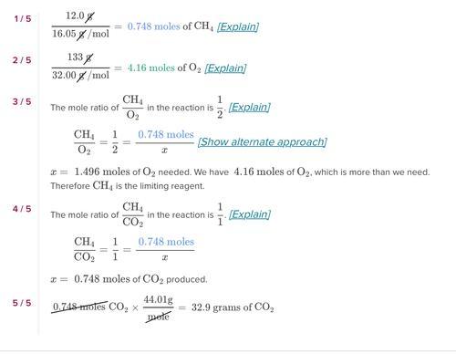 How many grams of CO2 will be produced from 12 g of CH4 and 133 g of O2