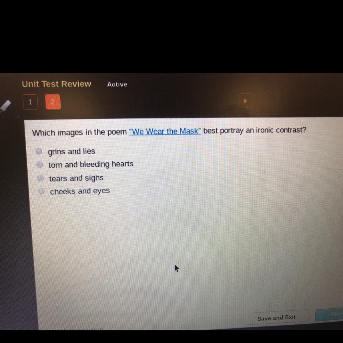 Which images in the poem “We Wear The Mask” best portray an ironic