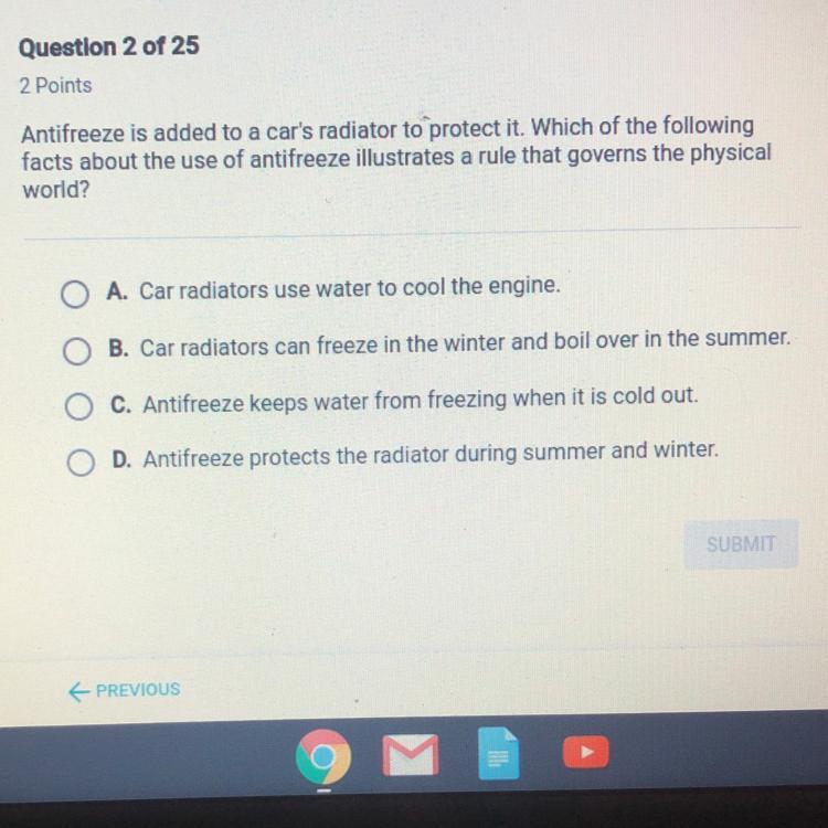!!15 points!!! Antifreeze is added to a car's radiator to protect it