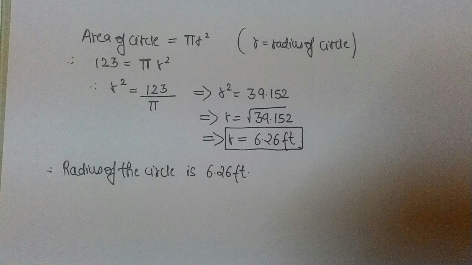 what's the radius of a circle with an area of 123 square feet