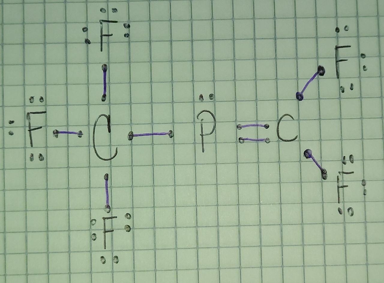 Draw the Lewis structure for CF3PCF2 where all fluorines are bonded to