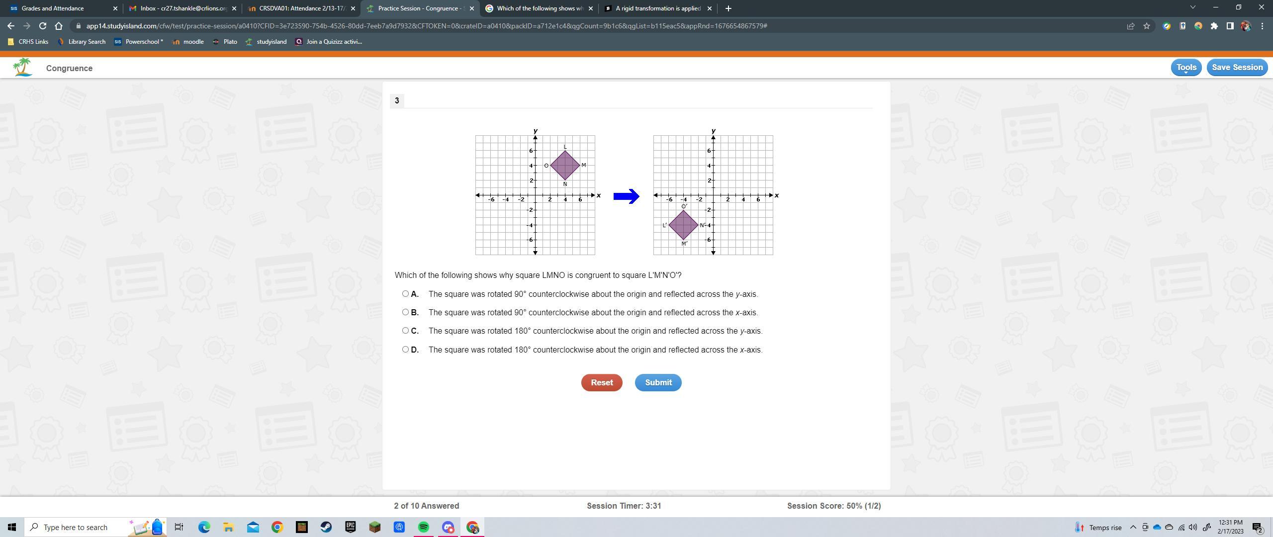 Which of the following shows why square LMNO is congruent to square L'M