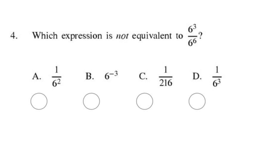 Which expression is not equivalent to 6^3/6^6