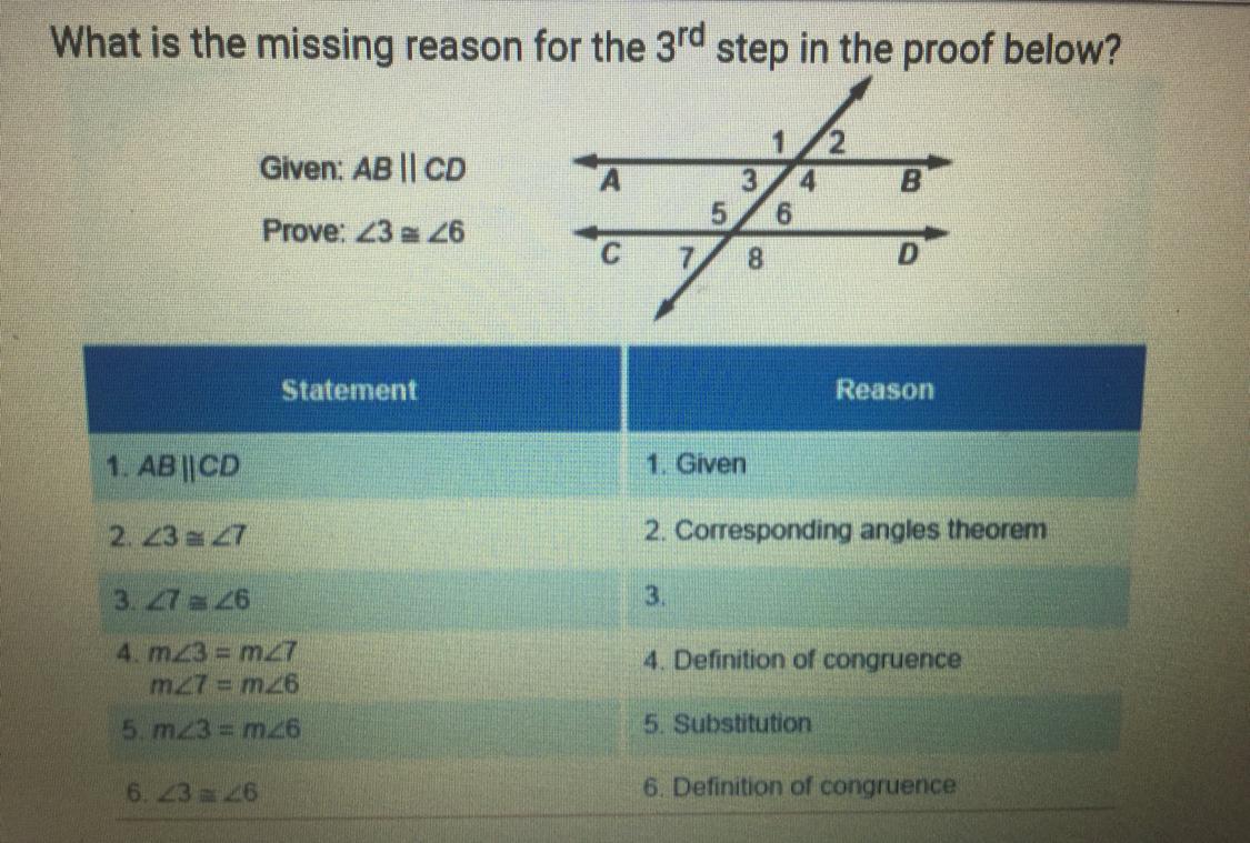 What Is The Missing Reason For The 3Rd Step In The Proof Below? A. If Two Lines Are Parallel, Then - Brainly.com