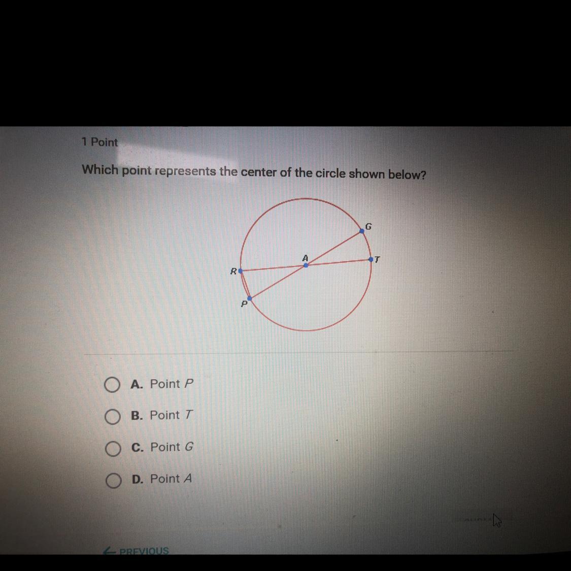 Which point represents the center of the circle shown below?