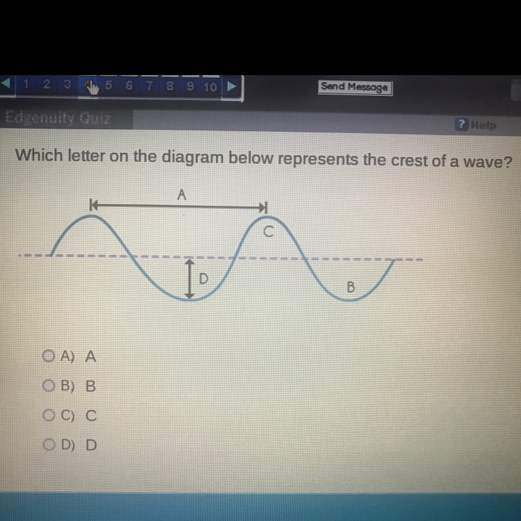 Which letter on the diagram below represents the crest of a wave?? WILL