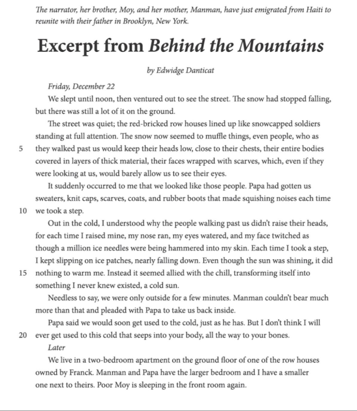 What is a central theme of this excerpt from 'Behind the Mountains'? Use two details from the