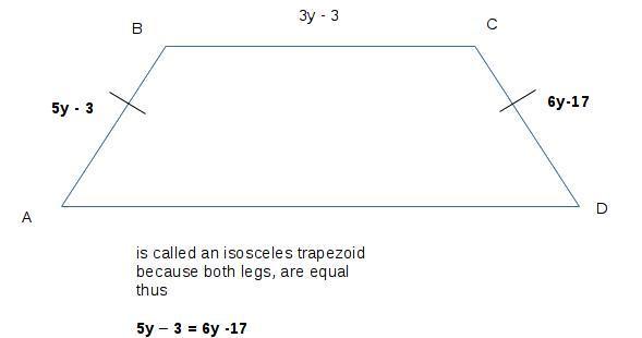 Isosceles Trapezoid Abcd Has Legs Abb And Cd And Base Bc If Ab =5Y-3,Bc=3Y-3,And Cd=6Y-17 Find The - Brainly.com