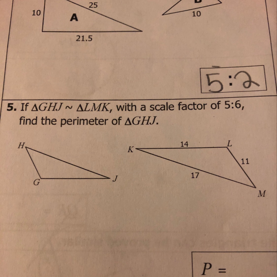 If triangle ghj is congruent to triangle lmk, with a scale factor of 5